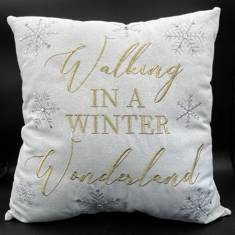 Walking In A Winter Wonderland Gold Silver Embroidered Snowflake Pillow 15